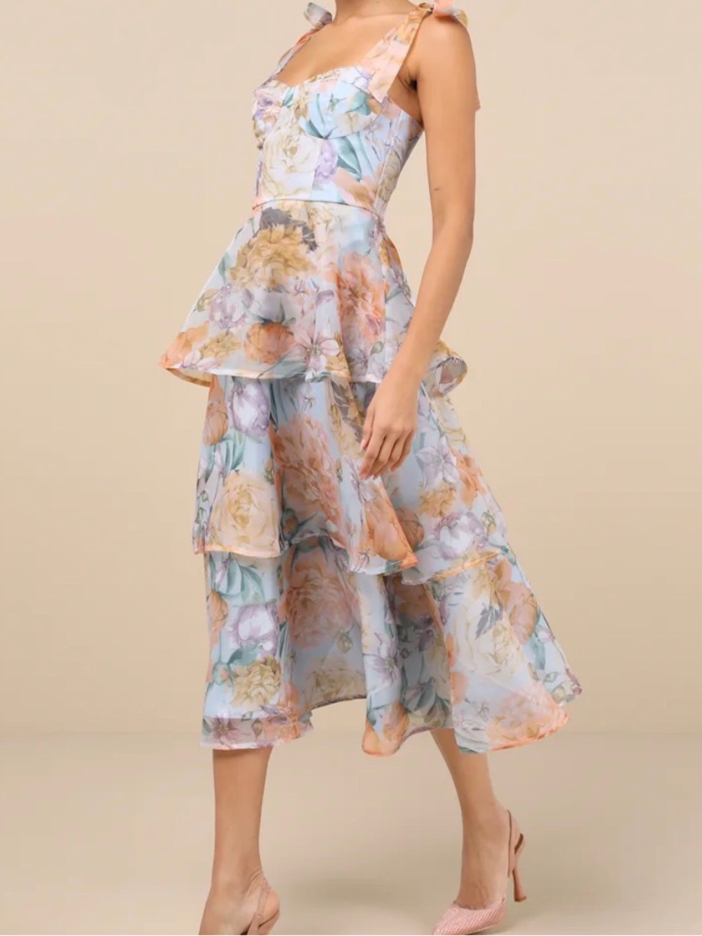 NWT Lulus Playfully Posh Blue Floral Organza Tiered Midi Dress - Size L